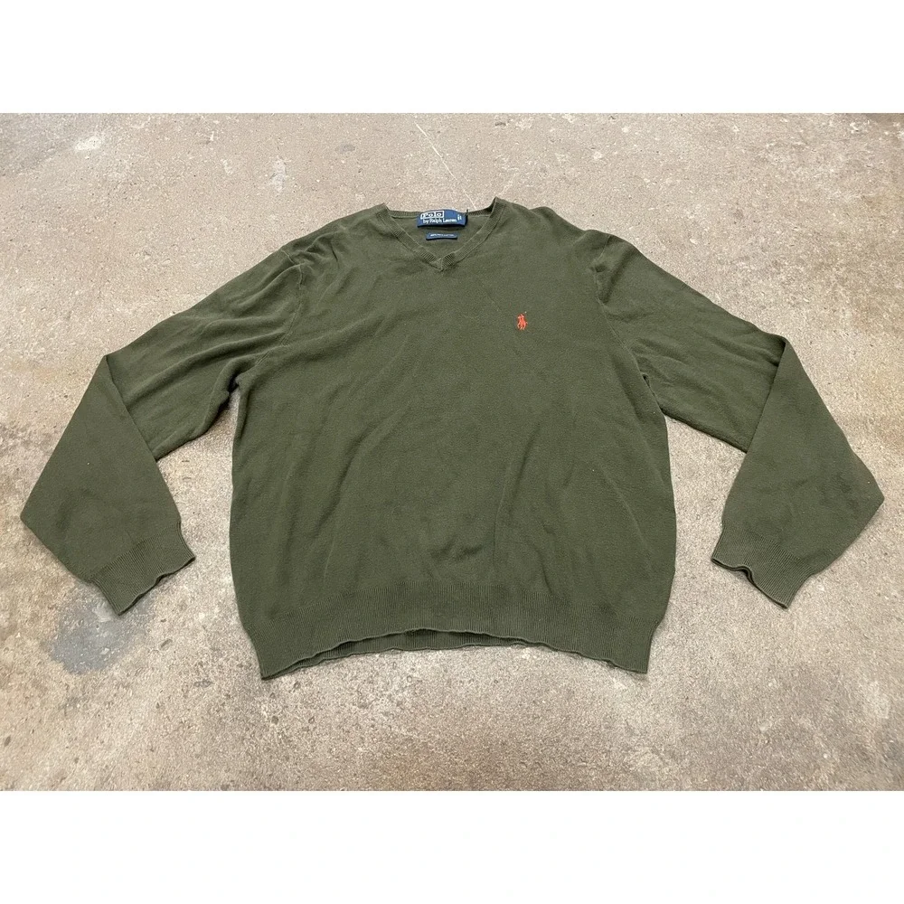 Polo Ralph Lauren‎ Sweater Mens Large Green Pima Cotton V-Neck Pullover Red Pony